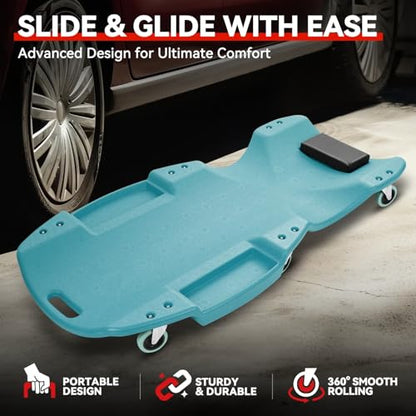 Auto Dynasty 47 Inches Mechanic Creeper, Automotive Garage Repair Low Profile Under Car Rolling Creeper with Padded Headrest, Plastic, Sky Blue - color: Sky Blue