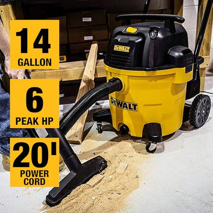 DEWALT DXV14P Shop Vacuum Wet/Dry 14 Gallon, 6 HP Wet/Dry Vac with 110 CFM Powerful Suction, Yellow - size: 14 Gallon