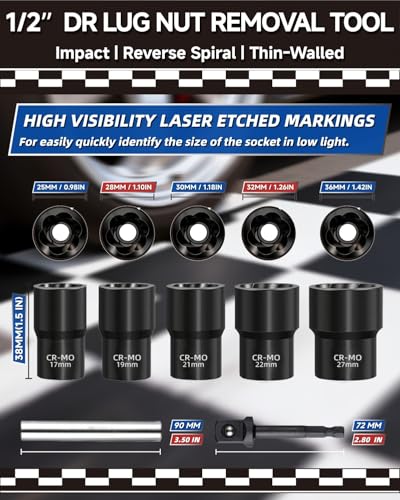 Wheel Lock Removal Kit, 7-Piece 1/2-inch Drive Impact Lug Nut Removal Tool, Easy Out Stripped, Rounded, Damaged Bolts & Studs, PTM03007 - size: 7-Piece