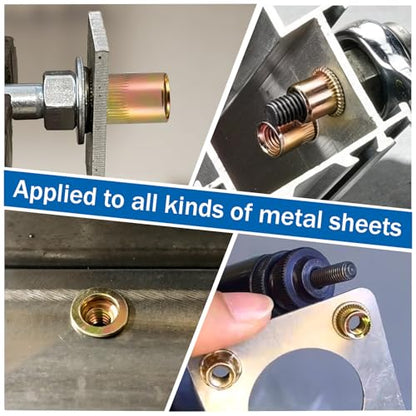 400Pcs SAE Rivet Nut Kit, UNC Threaded Insert Nutsert Set, 6-32 8-32 10-24 1/4"-20 5/16"-18 3/8"-16 Flat Head Carbon Steel Zinc Plated Rivnuts for Metal Sheet Fasteners - size: SAE kits 400pcs