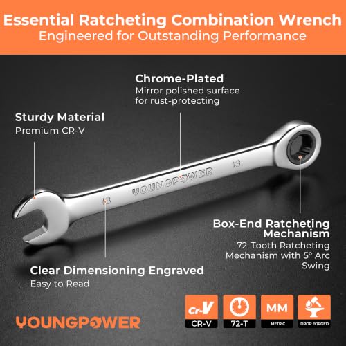 8-Piece Metric Ratcheting Combination Wrench Set, 72-Tooth, CR-V Steel | Mirror Polished, 12-Point Design, Rolling Pouch Included, Ideal for Modern Vehicle, Furniture and General Mechanical Repairs - size: 6mm-17mm