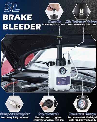 3L Brake Fluid Bleeder Kit w/ 1L Catch Bottle, Pressure Brake Bleeding Tool, Manual Power Bleeder Pump for Flush Brakes and Clutch System, Upgraded Adapters (43.5/45/49.5/50.7mm), White