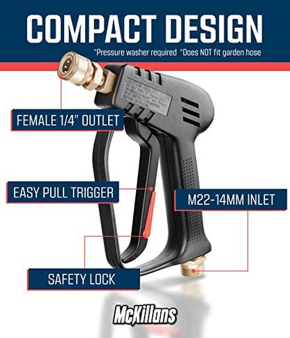 McKillans® Short Pressure Washer Gun with Replacement M22 Inlet - High Pressure Water Handle with 1/4” Quick Connector Coupler - Power Washer Gun Compatible with Foam Cannon - Car Wash Foam Gun - color: Stubby Gun [Non-Swivel]