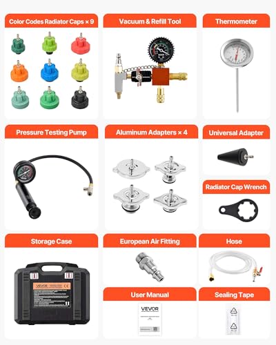 VEVOR Coolant Pressure Tester Kit, 22Pcs Radiator Vacuum Refill Kit with 4 Adapters, Universal Fit, Automotive Cooling System Pressure Tester Kit, with Pressure Pump & Aluminum Alloy Purge Filler - size: 22Pcs