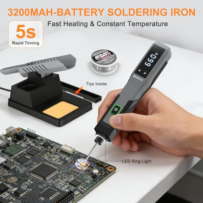 Soldering Iron Kit Cordless 5s Heating 14-in-1 Portable Soldering Iron with LED Display 392-932℉, Auto Sleep, Electric USB Rechargeable Wireless Welding Tool for Precision Repair DIY