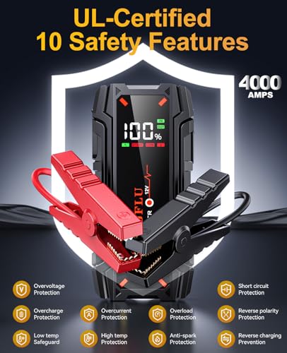 4000A Portable Car Jump Starter, Battery Jump Starter for 8L Gas & 6L Diesel Engines, 10 Safety Protections, 12V Jump Box with Jumper Cable, LED Light, 2.0" LCD Display for Trucks SUV RVs Boats - color: red