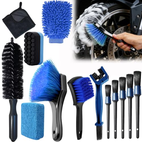 13PCS Motorcycle Cleaning Kit, Motorcycle Detailing Kit Overall Cleaner Tools Car Washing Brush Rims Cleaning Kit Chain Tire Wheel Brush Set Chain Tire for Car Bike Motorbike (Blue) - color: Blue