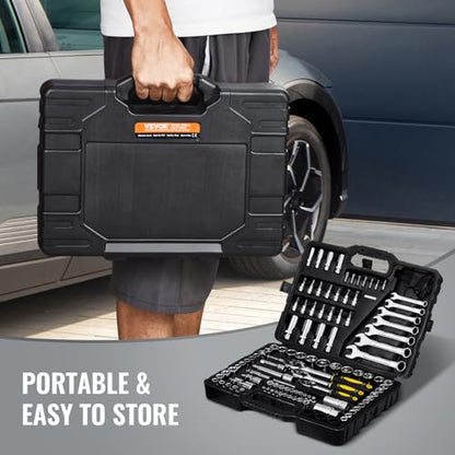 VEVOR 121-Piece Mechanics Tool Set - 1/4" 3/8" 1/2" Drive Sockets - SAE and Metric Mechanic Tool Kit with Bits - Ratchet Handle, Wrenches, Accessories, and Plastic Storage Case for Automotive Repair - size: 1/4"&3/8"&1/2", style: 121 PCS