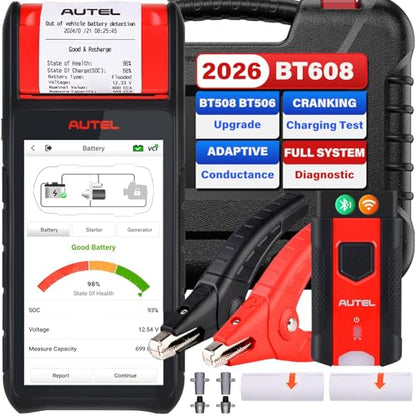 Autel MaxiBAS BT608 (E) Car Battery Tester (Free Update), 2026 Up BT508 BT506, 6V 12V (100-3000 CCA) Digital Auto Battery Analyzer Charging Cranking System Test, Adaptive Conductance, Built-in Printer