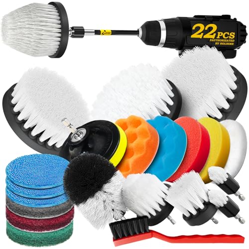 Holikme 22Pack Drill Brush Attachments Set, Scrub Pads & Sponge, Buffing Pads, Power Scrubber Brush, Car Polishing Pad Kit,Wax Applicator Pad,Car Cleaning Kit,Cleaning Supplies,Masonry Brushes,White - color: White