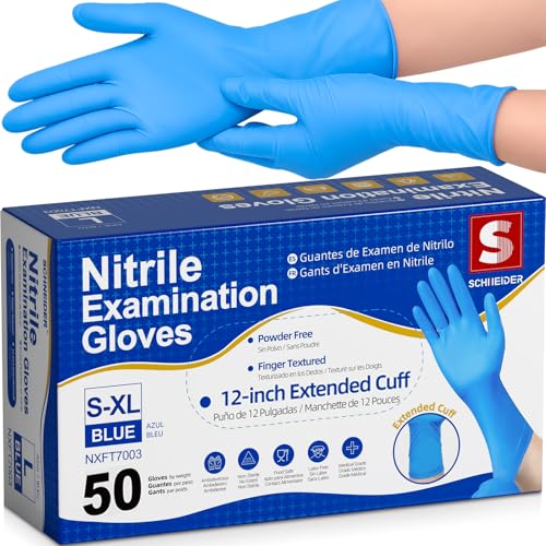 Schneider Nitrile Exam Gloves, Extended 12 Inches Cuff, Small, 4 mil, 50-ct Box, Gloves Disposable Latex Free, Powder Free for Medical, Food Prep, Cleaning, Cooking, Blue - size: Small