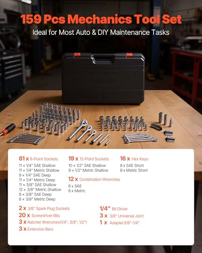 VEVOR Mechanics Tool Set, 159-Piece Mechanic Tool Kit, 1/4 in, 3/8 in, and 1/2 in Drive, SAE and Metric Socket Set, Wrenches, Screwdriver Bits, Accessories, and Storage Case, for Automotive Repair - size: 1/4"&3/8"&1/2", style: 159 PCS
