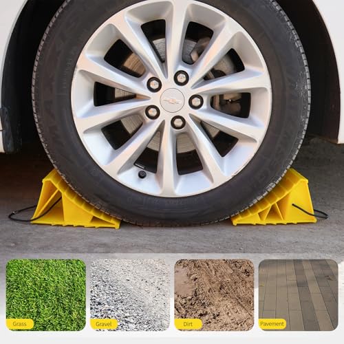 Wheel Chocks with Rope, Heavy Duty Non-Slip Tire Chocks for Trailer Camper Truck Car, Bright Yellow Lightweight Wheel Blocks Fit Tires Up to 26", 4 Pack - size: 4pcs