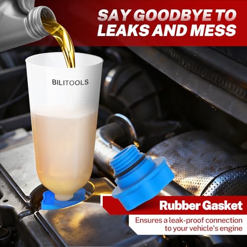 BILITOOLS Engine Oil Funnel Kit, Master Oil Filling Tool Kit for Oil Change | 2.2QT Automotive No Spill Funnel Set with 15 Adapters for Common Vehicle Makes and Models