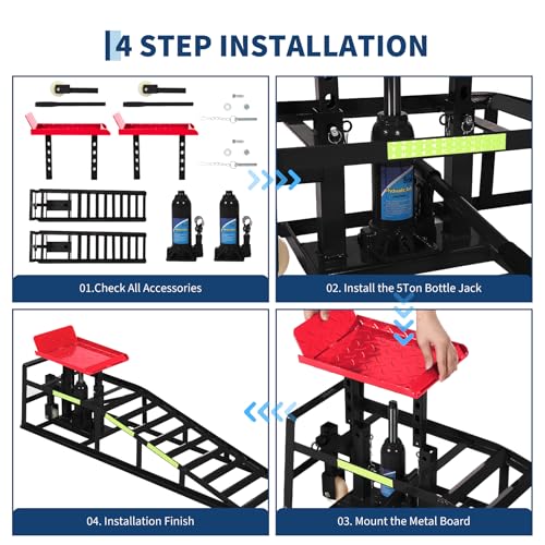 Heavy Duty Hydraulic Car Ramps 2 Pack, 5 Ton Capacity 9-15 Inch Lift for Cars SUVs Trucks with Rolling Wheels & Reflective Strips for Oil Changes Tire Rotations - color: Red With Rolling Wheels