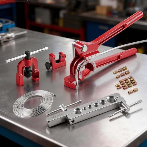 VEVOR 3/16" Brake Line Repair Kit, 45° Single Brake Line Flaring Tool Kit, 25FT Copper-Coated Brake Line with 20 Fittings & 2 Unions, 3-in-1 Tube Bender (1/4", 5/16", 3/8"), Tube Cutter Included - size: 3/16"-5/8"