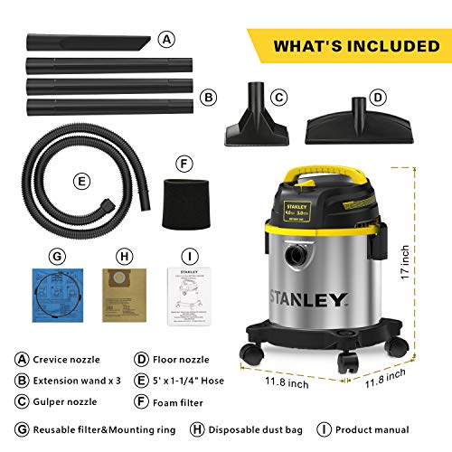 STANLEY 3 Gallon Wet Dry Vacuum, Powerful 4 Peak HP Motor, Portable Stainless Steel 3 in 1 Multifunctional Shop Vacuum with Blower, Model: SL18136 - size: 3 Gallon, 4.0 HP
