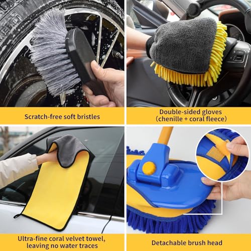 5PCS Car Wash Brush with Long Handle, 15°Curved Car Cleaning Brush with Replaceable Head Cover, Truck Washing Brushwith Telescopic Handle Wash Mop Kit (Blue) - color: Blue