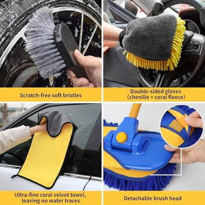 5PCS Car Wash Brush with Long Handle, 15°Curved Car Cleaning Brush with Replaceable Head Cover, Truck Washing Brushwith Telescopic Handle Wash Mop Kit (Blue) - color: Blue