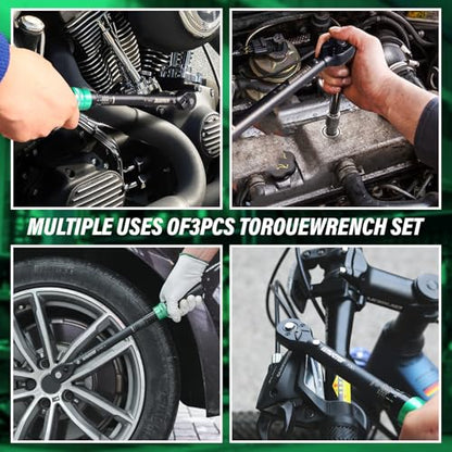 1/4 & 1/2 & 3/8 Drive Torque Wrench, 3PCS Torque Wrench Set, 4-20 ft.lb, 5-45 ft.lb, 15-165 ft.lb, Dual-Direction Adjustable Torque Wrench for Bicycle, Motorcycle, Car Maintenance - style: 3PCS