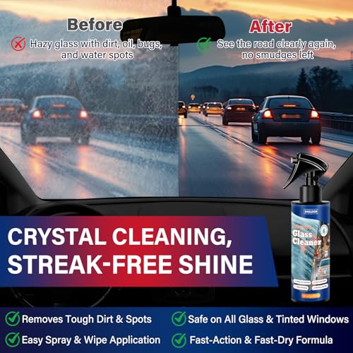 SHIELDOM Car Glass Cleaner Water Repellent Kit, Cleans & Adds Hydrophobic Protection, Streak-Free Cleaner Rain Repellent Spray Safe on Car Windshield, Tinted Windows, Mirrors, Trucks, SUVs & Home