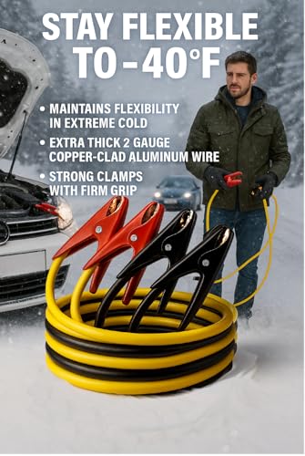 Heavy Duty 2 Gauge 20 Ft Battery Booster Cables 350A Capacity, Thick Rubber Insulation & Coated Clamps Compatible with DURALAST Jumper Cables for Cars, Trucks, SUVs, RVs, Boats, 12V or 24V Batteries