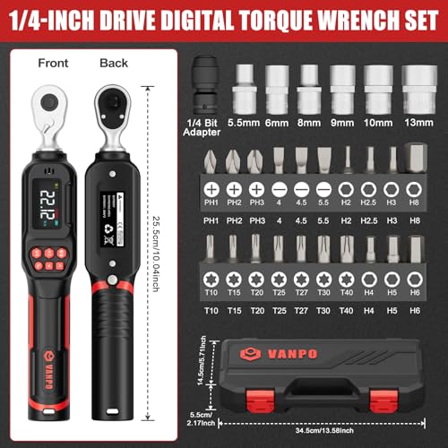 VANPO 1/4 Drive Digital Torque Wrench Set 1.11-22.12 ft.lb, ±2% Accuracy | 1.5-30 N.m Electronic Torque Wrench Set with Bits & Sockets, Buzzer/LED Indicator Alarm, for Carbon Fiber Bike, Motorcycle - size: 1/4-Inch (1.11-22.12 ft.lb/1.5-30 N.m)