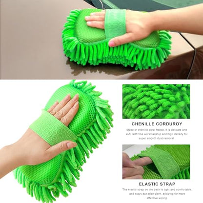 Microfiber Car Wash Sponge, Scratch-Free Vehicle Washing Mitt with Chenille & Mesh Sides, Highly Absorbent Sponge Lint-Free Cleaning Tool for Car Washing & Detailing (Green) - color: Green