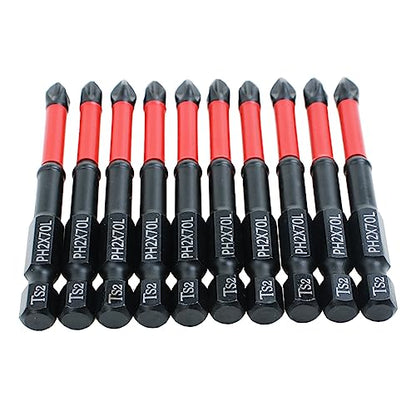 10 Pack PH2 Magnetic Anti-Slip Impact Driver Bits, 2-3/4 Inch | Long Phillips Bit with Anti-Slip Tip, Strong Magnetic Holding Impact-rated Durability Phillips #2 Bits for Impact Driver - size: Length:70mm