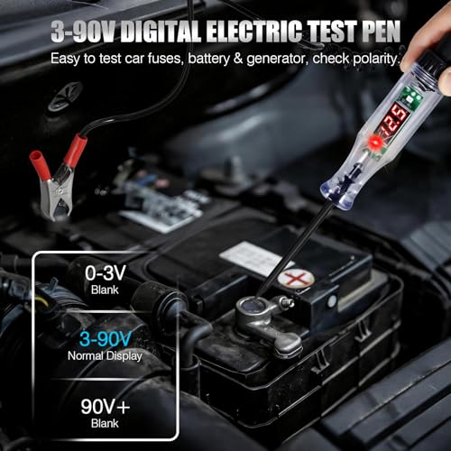 PIFOOG Automotive Circuit Tester Car Test Light with Digital 3v-90v Display, High Precision Auto Fuse Relay Tester Electrical Current Fault Probe Checker Testing Tool LCD Front Lighting Max 20A 48V