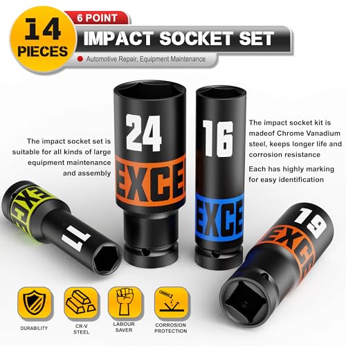14 Piece 1/2-Inch Drive Impact Socket Set, 10-24mm Deep Sockets, 6 Point Metric Sockets for Automotive Repair, Equipment Maintenance - size: 1/2 Inch Metric Deep