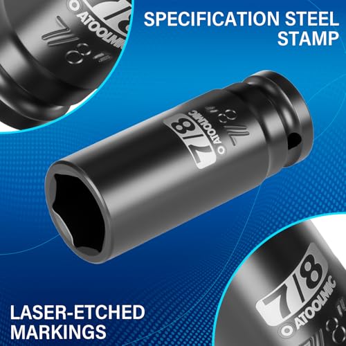 1/2" Drive x 7/8 Inch Deep 6PT CR-MO Impact Socket for Removing Axle nut | SAE Socket,6-Point Radius Corner Design,Two Size Markings,Square Chamfered Opening,For Removal of Axle Nut - size: 7/8 Inch, style: 1/2" Drive Deep Socket