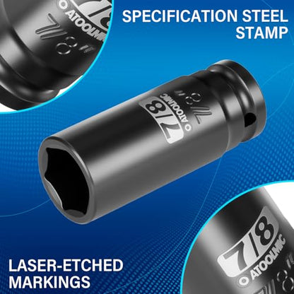 1/2" Drive x 7/8 Inch Deep 6PT CR-MO Impact Socket for Removing Axle nut | SAE Socket,6-Point Radius Corner Design,Two Size Markings,Square Chamfered Opening,For Removal of Axle Nut - size: 7/8 Inch, style: 1/2" Drive Deep Socket