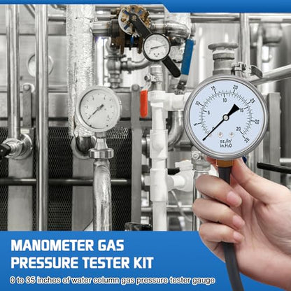 Boltigen Gas Pressure Tester Kit, 0-35" W.C Manometer for Natural Gas & Propane, HVAC Furnace Fireplace Gas or LP Valve Manifold Pressure Test Kit with 1/8" NPT, 1/4" NPT Barb Adapter and 40" Hose
