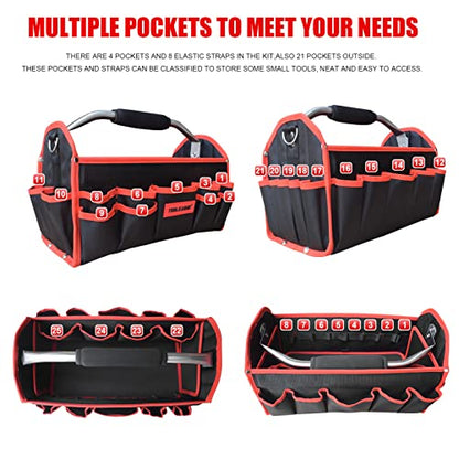 TOOLEAGUE 19 Inches Heavy Duty Tool Bag 25 Pockets,1680D Fabric Tool Bags with Strong Molded Base,Multi-pocket Tool Organizer with Adjustable Shoulder Strap