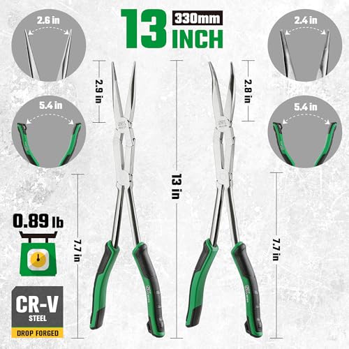 SK 2-Piece Long Needle Nose Pliers, 13'' Double Compound Long Nose Pliers | Straight Long Reach Pliers, 45° Extra-long Bent Nose Pliers,Premium CR-V Steel, with Comfort Grips