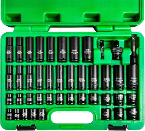 43‑Pc 3/8″ Impact Socket Set – SAE & Metric (5/16–3/4″, 8–19 mm), 6‑Point Deep & Shallow Sockets, Chrome‑Moly Steel, Includes Adapter, Extension, Universal Joint – Black Phosphate, Laser‑Etched - size: 3/8"_SAE&Metric_43pc