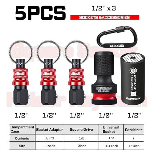 Geinxurn 5Pcs Socket Holder Keychain, 1/2 Drive Quick Release & Quick Change Socket Set Organizer with Square Drive Socket and Universal Socket for Lineman, Electricians, Construction Crews - style: B01K005-0102