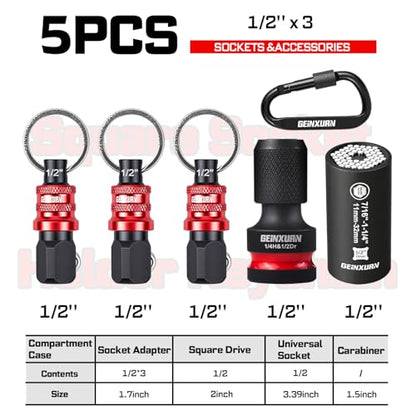 Geinxurn 5Pcs Socket Holder Keychain, 1/2 Drive Quick Release & Quick Change Socket Set Organizer with Square Drive Socket and Universal Socket for Lineman, Electricians, Construction Crews - style: B01K005-0102