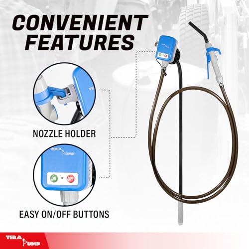 TERA PUMP Electric Powered 55 Gallon Drum Barrel Pump, 2.4GPM | Quick Stop Flow Control Nozzle, 9.8-ft XL Heavy-Duty Vinyl Hose, 39" Flexible Intake Hose, For DEF, Antifreeze, Washer Fluid
