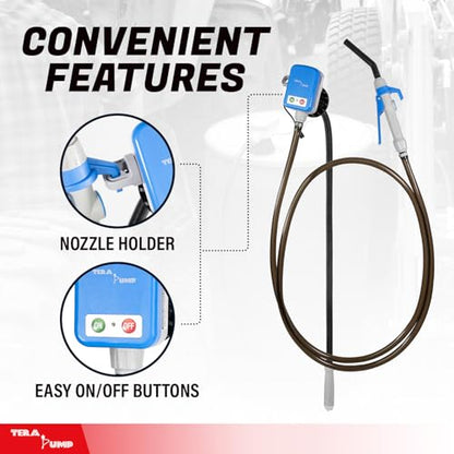 TERA PUMP Electric Powered 55 Gallon Drum Barrel Pump, 2.4GPM | Quick Stop Flow Control Nozzle, 9.8-ft XL Heavy-Duty Vinyl Hose, 39" Flexible Intake Hose, For DEF, Antifreeze, Washer Fluid