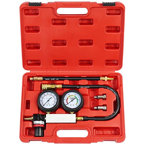 JoyFans Cylinder Leak Down Tester Kit, Professional Dual Pressure Gauges Engine Compression Leakdown Detector Leakage Test Set for Gasoline Engine with 10 12 14mm Spark Plugs Red - color: Red