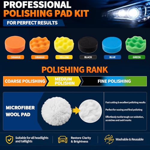 VIBRATITE 41PCS Headlight Restoration Kit, 3" Drill Sanding & Polishing Kit | Removes Cloudy Headlights, Oxidation, Yellowing and Minor Scratches, Restorer to Like-New Condition - size: 41 PCS
