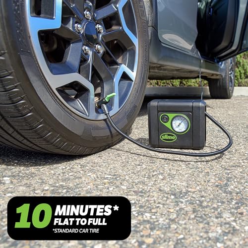 Slime 40060 Tire Inflator, Compact, Portable Car Air Compressor, Analog, Quick Connect Air Hose, Flat Tire Puncture Repair, 12V, 10 min inflation - style: Compact
