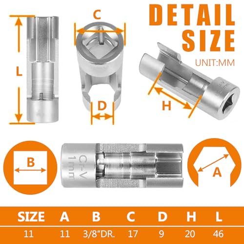 11MM (3/8"DR) Difficult Access Diesel Injector Fuel Line Socket Set Difficult Access Flare Nut Wrench Spanner for Wired Temperature Sensors, Thermo Switches, ABS Tube, Master Cylinder, Coolant, etc - size: 11MM(3/8"DR.)