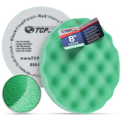 TCP Global 8" Green Waffle Foam Buffing Pad Hook and Loop Backing - Final Cut Pad for Polishing, Automotive, Marine, Truck, RV & Compound Cutting, Car Polishing Pads - color: Green