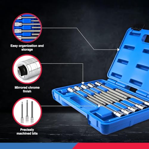 Neiko 10077A 3/8” Drive Metric Extra Long Allen Hex Bit Socket Set | 10 Pieces | Sizes 3mm – 10mm | Shaft Length 6” | Premium S2 Steel Bits | Heavy Duty Cr-V Sockets | Exceeds ANSI Standards - style: Metric