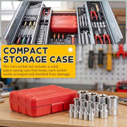 14-Piece E-Torx Socket Set, Premium External Torx Star Sockets - 1/4" 3/8" 1/2" Drive E4-E24, Ultimate Torque Socket Kit, Storage Case Included for Automotive Repair & Maintenance