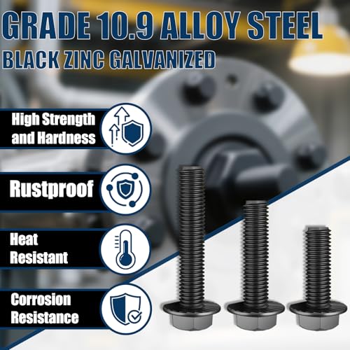 208PCS M6x1.0 Metric Flange Bolt Kit (10mm 12mm 16mm 20mm 25mm 30mm) 10.9 Grade Black Hex Bolts and Nuts Washers Kit - size: Flange Bolts-M6-208PCS