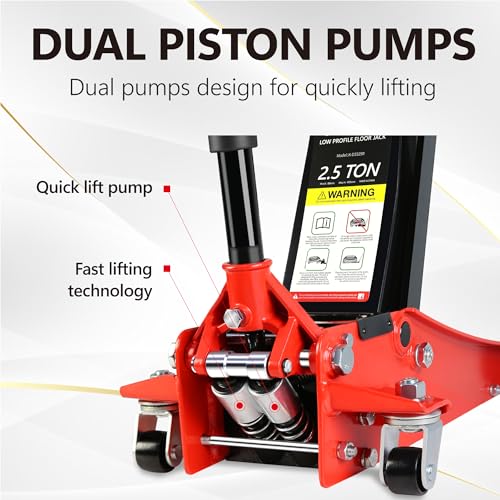 2.5T Low Profile Steel Floor Jack, 5500 lb, Dual Pump, 3.5"-19.5" Lift, Red | Heavy-duty steel construction. Dual piston quick lift pump. Low profile design. Safety overload protection - size: 2.5T Dual Pump 3.5"-19.5"(Red)